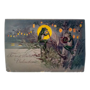 Vintage Hold-to-Light Valentine Fantasy Postcard Frogs Playing Music 1912 HTL